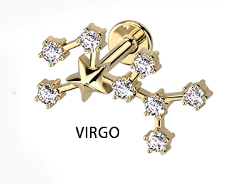 Zodiac Constellation Internally Threaded Labret Virgo Gold Clear