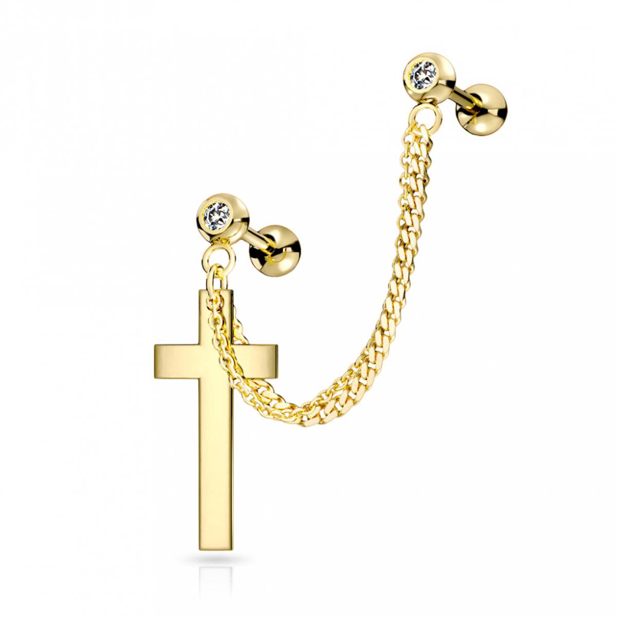 Double Chain Linked Crystal Set Cartilage Barbells With Cross Gem