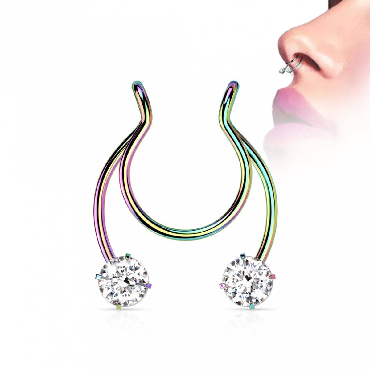 Septum Fake Circular Barbell Front stones Rainbow