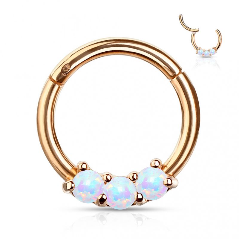 3 Stones Front Facing Hinged Ring Rose Gold Opal White