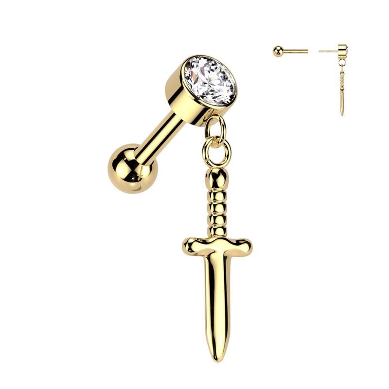 Dagger Dangle Barbell Threadless Gold